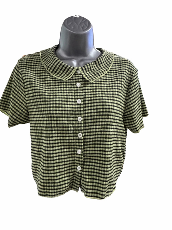 Dazy Tops - 18. Women's Dazy Button Down Shirt Size L Green Black Striped Collared Top